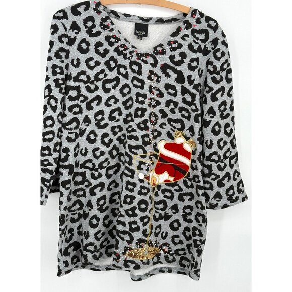 Berek Studio Womens Leopard Print Long Sleeve Tunic With Sequins & Santa Appliqu - Picture 1 of 7